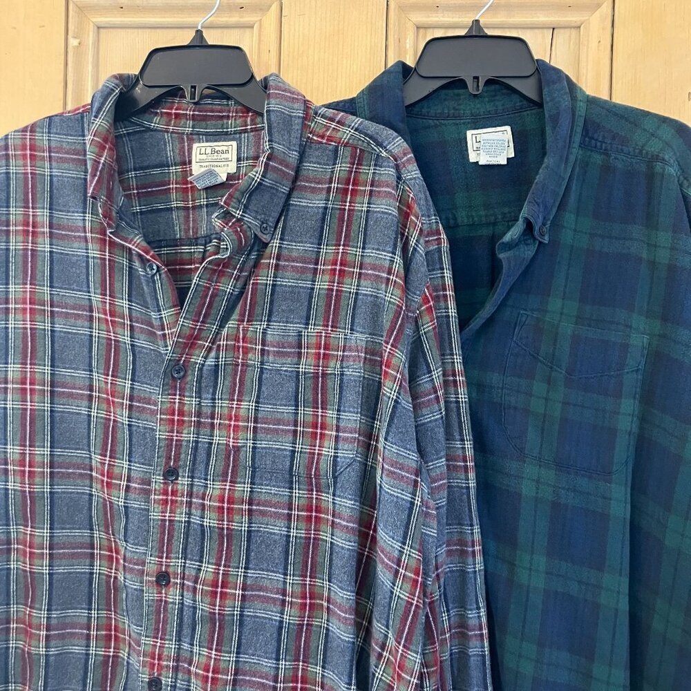 L.L.Bean Mens 2 SET Scotch Xmas Plaid Traditional Fit Shirt XXL Reg Gray FA EXC